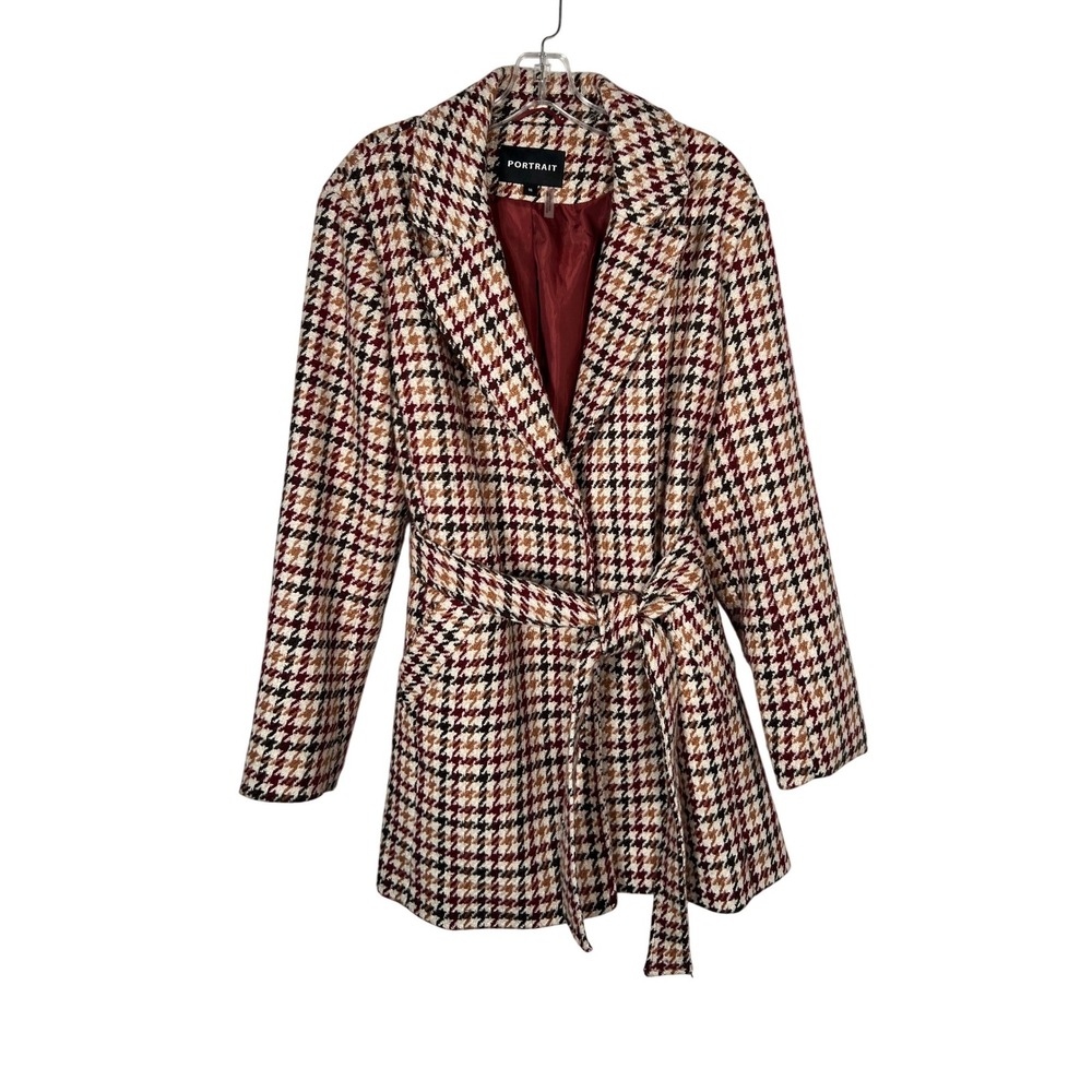 Portrait Houndstooth Belted Wrap Coat Wool Blend Brown Red Academia Size 16